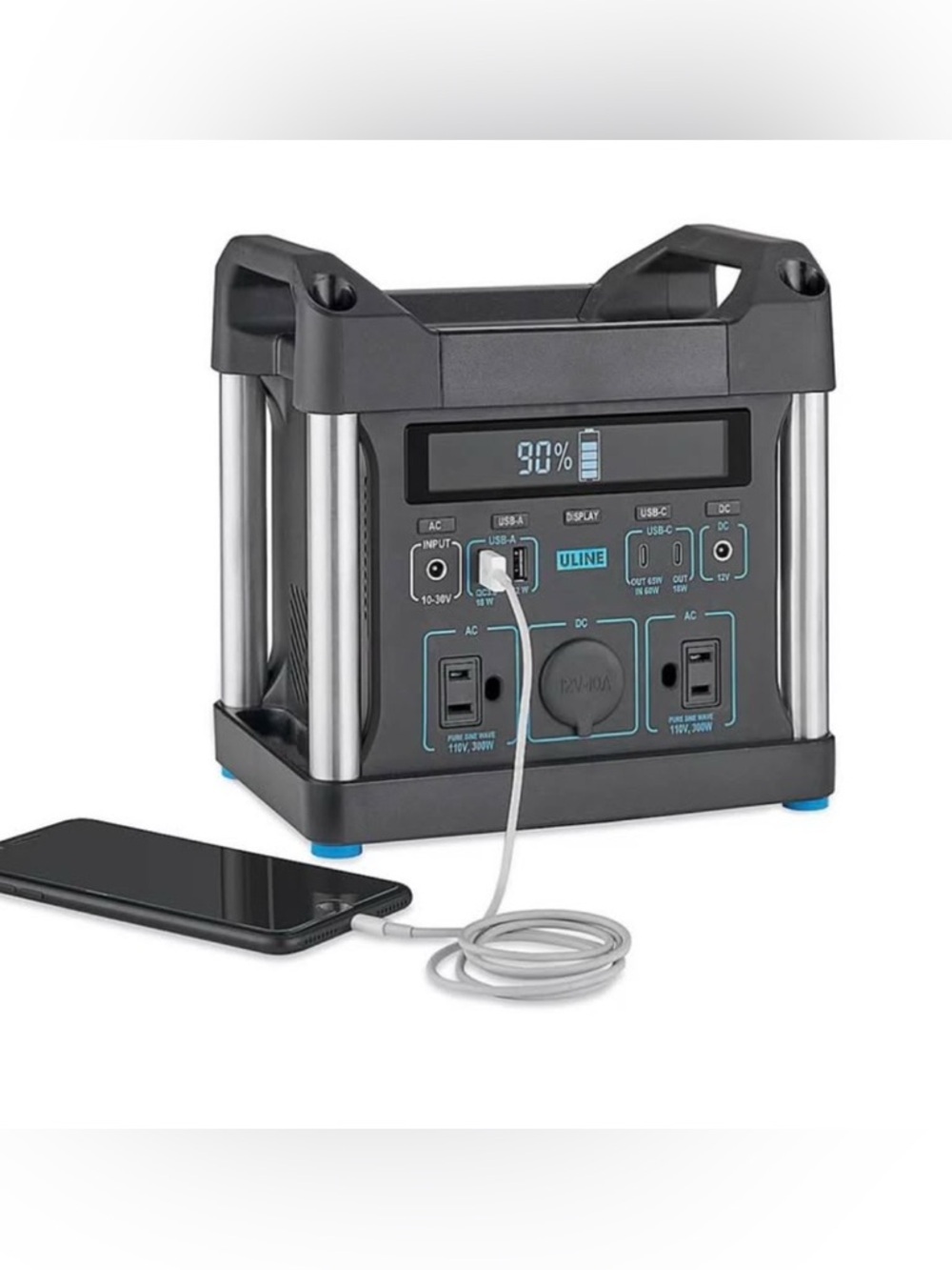 Uline Portable Power Station with 8 ports: 2 AC, 2 USB-A, 2 USB-C & 2 DC.